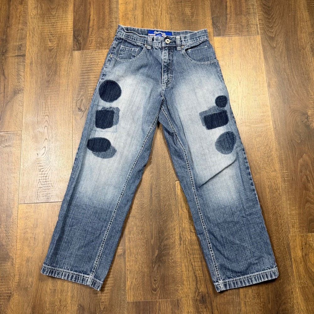 Southpole Baggy Jeans Y2K Circle Dot Print Faded Wash Size 29 (Fits 29x28)